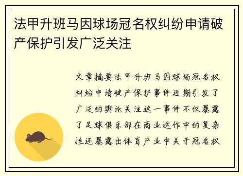 法甲升班马因球场冠名权纠纷申请破产保护引发广泛关注