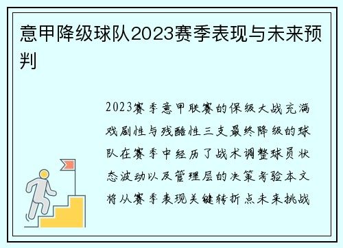 意甲降级球队2023赛季表现与未来预判