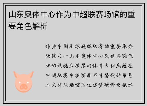山东奥体中心作为中超联赛场馆的重要角色解析