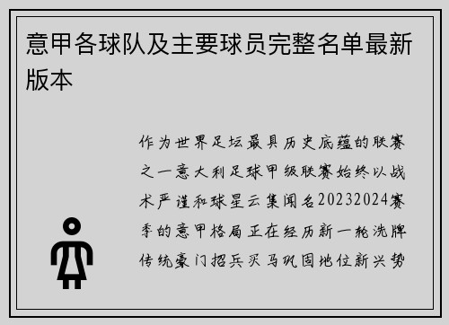 意甲各球队及主要球员完整名单最新版本